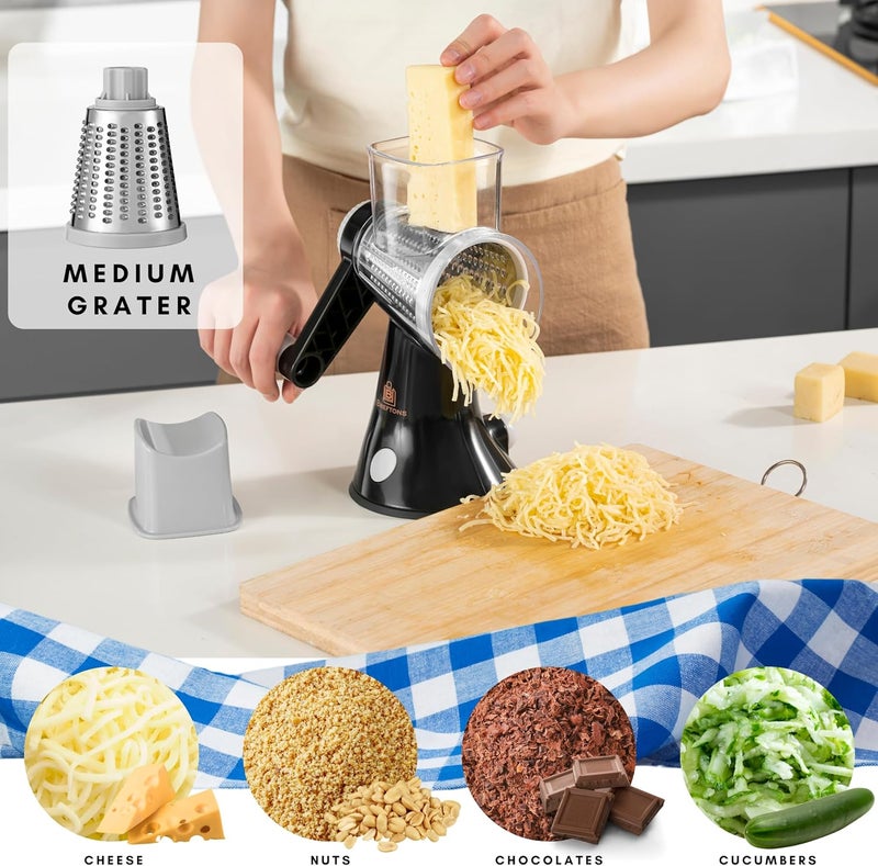 Brieftons 4-Blade Rotary Cheese Grater, Kitchen Food Cutter with Handle, Mandoline Vegetable Slicer, Nut Grinder, Hand Crank Shredder for Cheese, Vegetables, Fruits, Nuts, Easy to Use, Clean & Store - Image 5